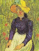 Vincent Van Gogh Young Peasant Woman with straw hat sitting in front of a wheat field oil on canvas